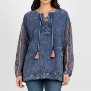 APNY Acid Wash Blue Embroidered Sleeve Lace Neck Boho Sweatshirt Size S